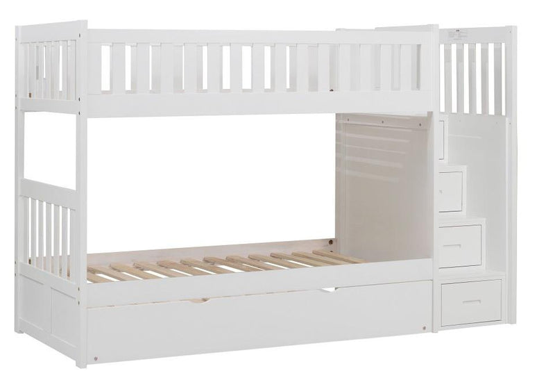 Galen Bunk Bed w/ Reversible Step Storage and Twin Trundle in White B2053SBW-1*R